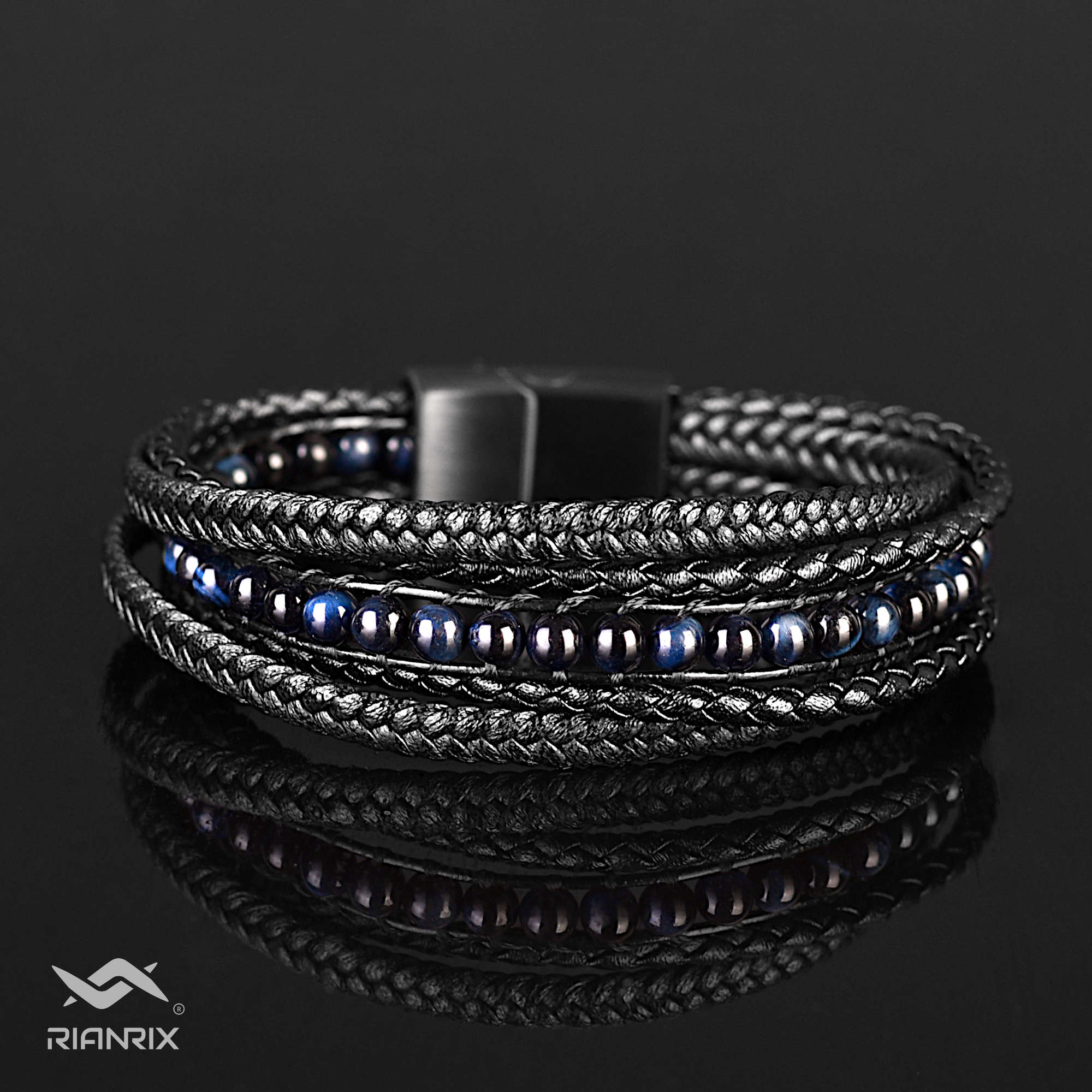 Blueeye - Multi-layer leather bracelet with blue tiger-eye beads & genuine leather cords