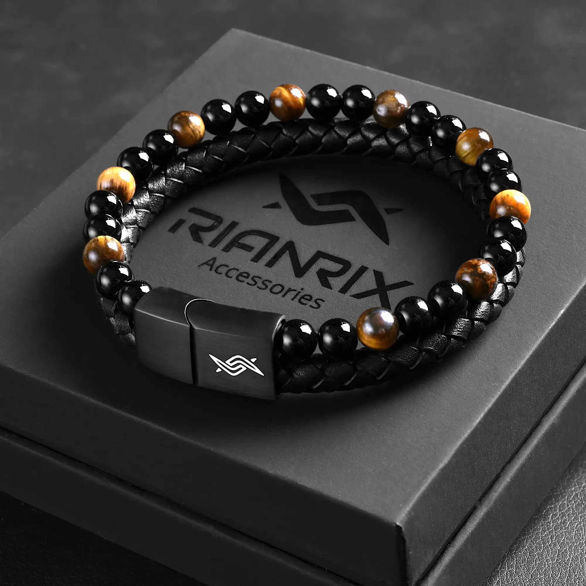 Daniel - Leather bracelet with yellow tiger-eye beads