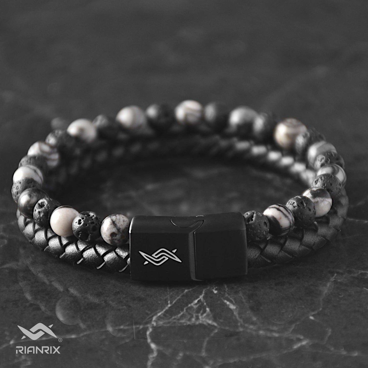 Dave - Genuine leather bracelet with lava & spiderweb beads