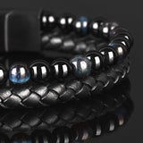 Eclipse - Genuine leather bracelet with blue tiger-eye beads