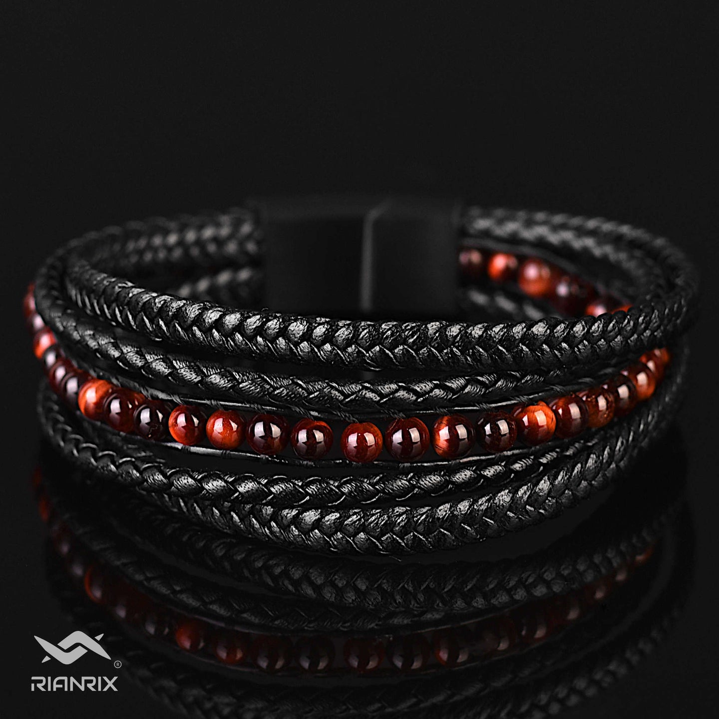 Matt - Multi-layer leather bracelet with red-tiger eye beads & genuine leather cords