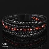 Matt - Multi-layer leather bracelet with red-tiger eye beads & genuine leather cords
